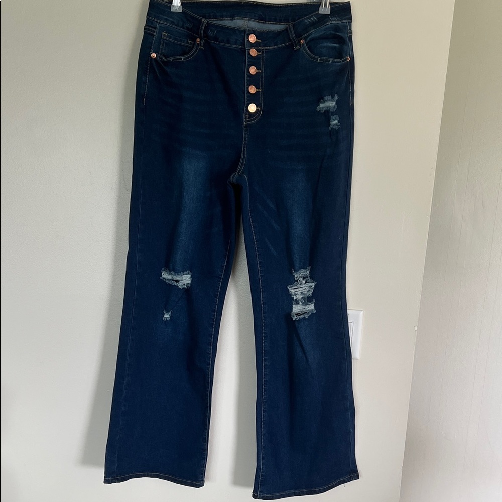 Dark Wash Distressed Women's Jeans - Button Front